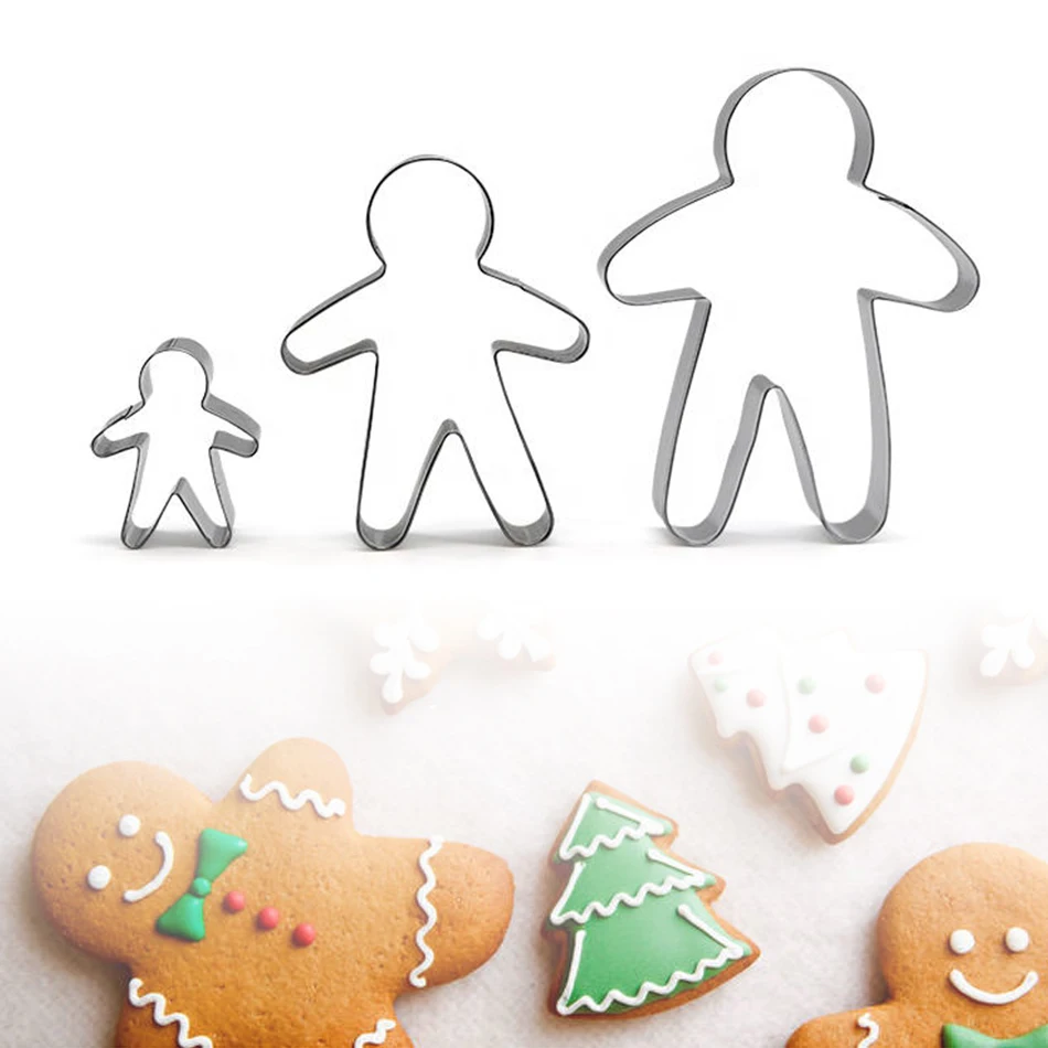 3Pcs Baking Diy Cake Tools Pastry Bread Decorating Stainless Steel 3D Christmas Ginger Gingerbread Man Cookie Cutter