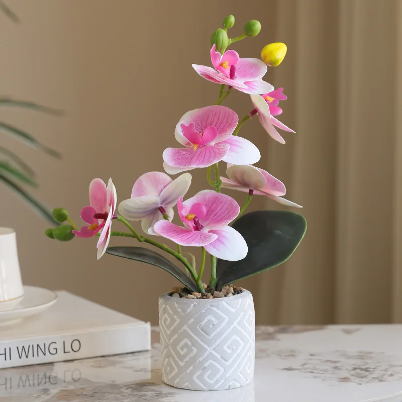 Artificial Orchid Flower with Pretty Ceramic Vase Faux Orchid Phalaenopsis Arrangement for Wedding Indoor and Outdoor Decoration