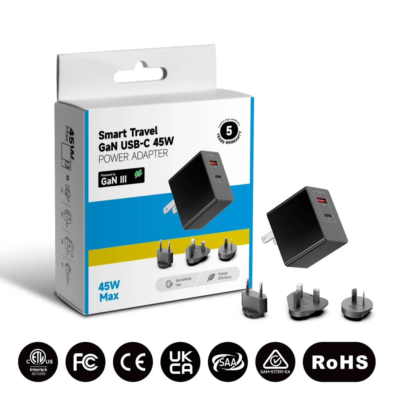 PD-45W 1C1A   power adapter with interchangeable plugs for US, UK, AU, EU, 4 removable plugs Cypress PD3.0