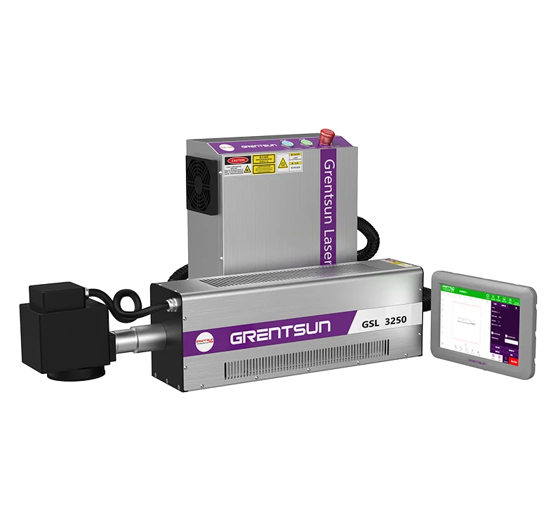 Grentsun 30W CO2 flying laser marking machine with support, tablet, encoder and fiber sensor for water plastic bottle