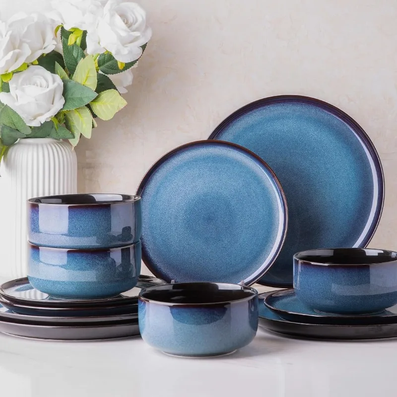 Ceramic Dinnerware Sets of 4,Poreclain Plates Bowls Sets,Handmade Reactive Glaze Dishes Set,Chip Resistant and Scratch