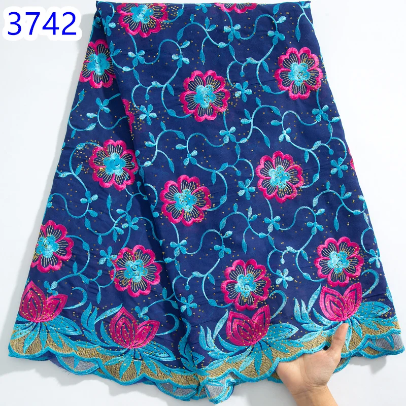 white Nigerian Cotton Lace Fabric High Quality 2024 Swiss Voile With Rhinestones African Crystal Lace  For Women Dresses3742