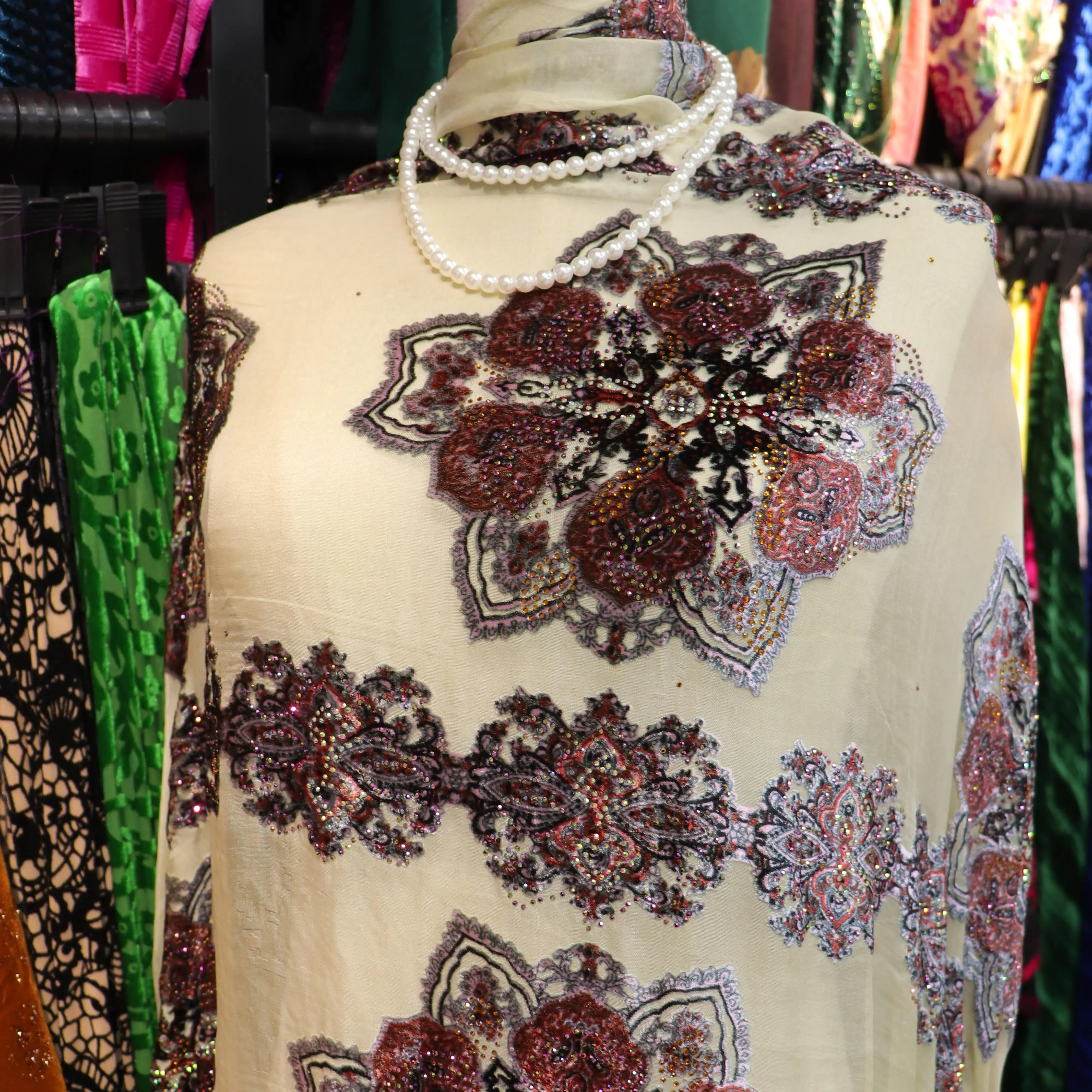 New Design  Silk  Velvet with stones  Patch embroidery lace fabric for Luxury Lady Evening Clothes