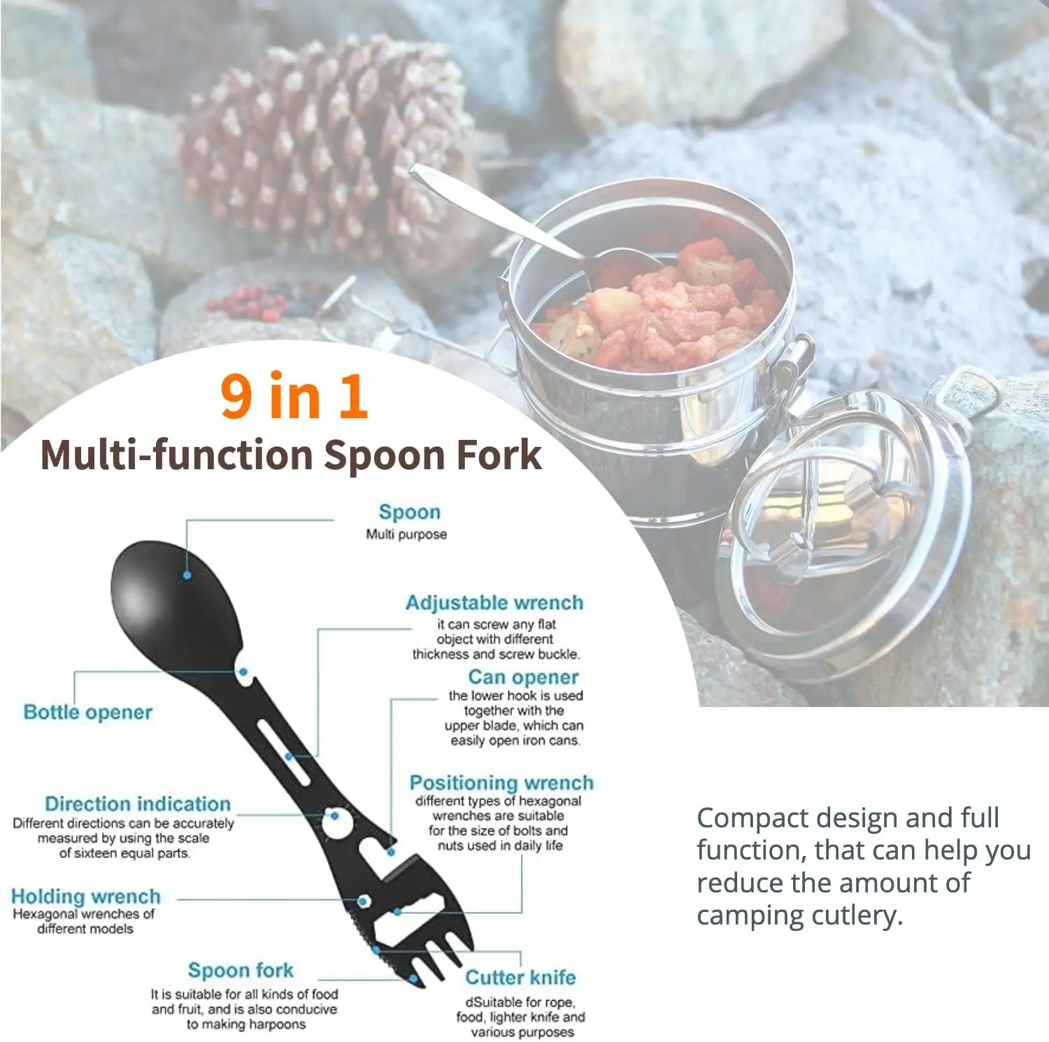 10 in 1 Camping Stainless Steel Multi-Function Spoon Fork Knife Can Opener Wrench Outdoor Hiking Utility Tactical Tableware