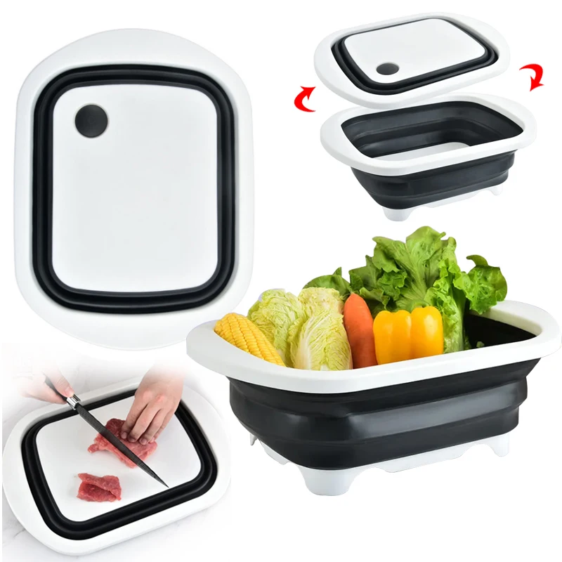 Wholesale 3 In 1 Multi-Function Custom Home Gadgets Kitchen Collapsible Folding Cutting Board Storage Basket With Dish Tub