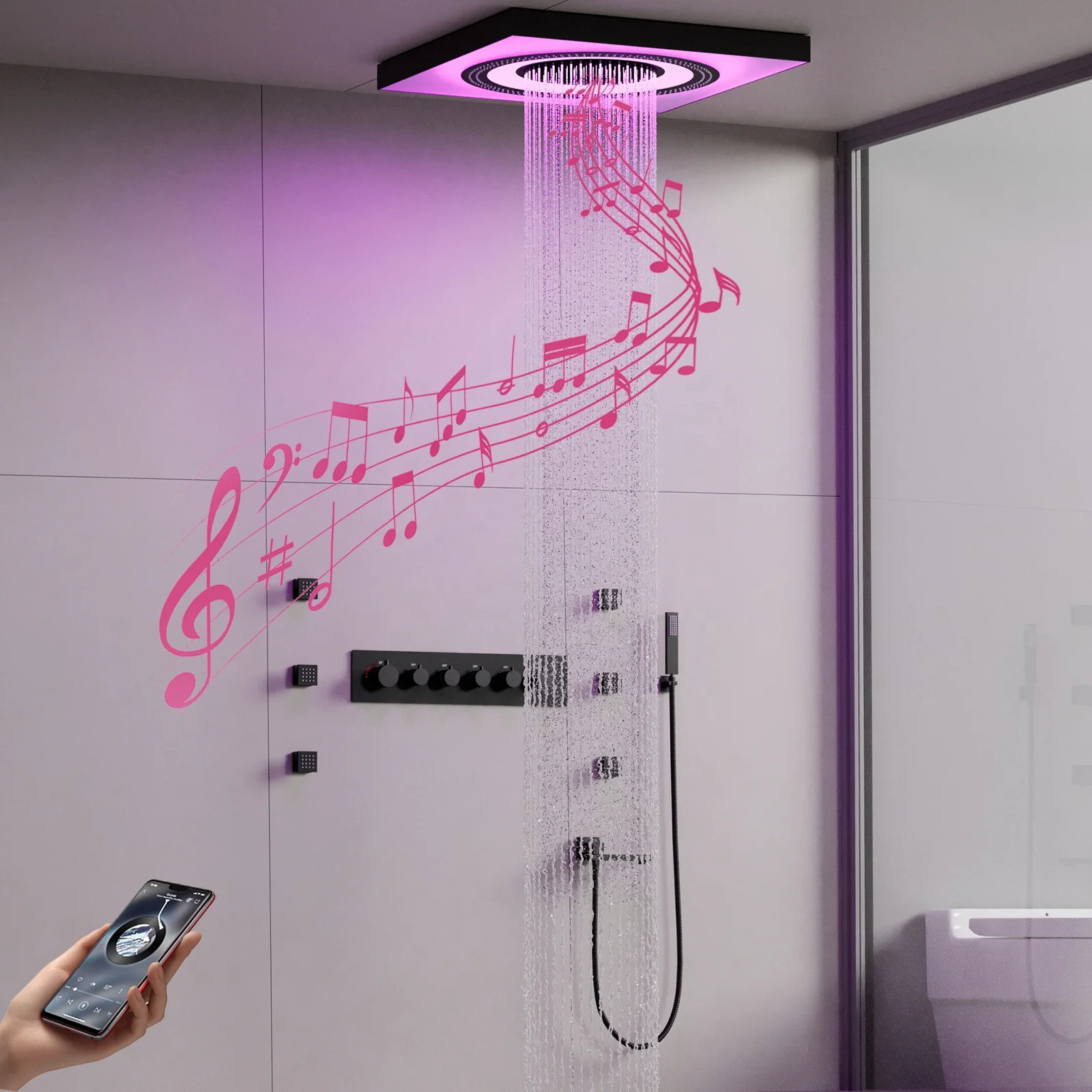 High End Bathroom Concealed Thermostatic LED Shower System Set Luxury Ceiling Mounted 24 inch LED Music Shower Head