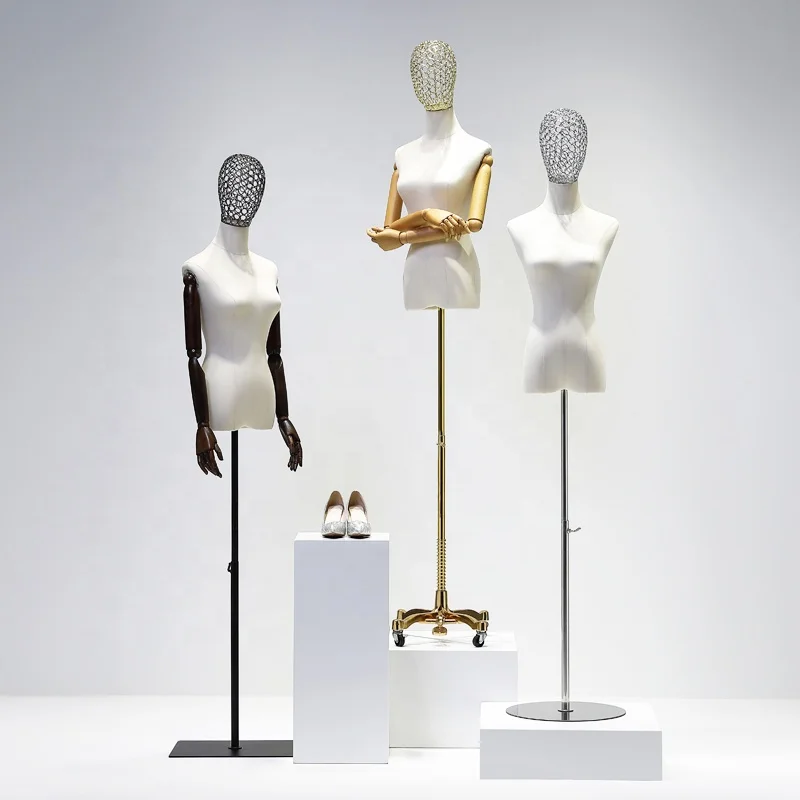 Window Display Fabric Covered Movable Mannequin Female Half Body Gold Arm Metal Wire Head Women Mannequins With Wooden Arm