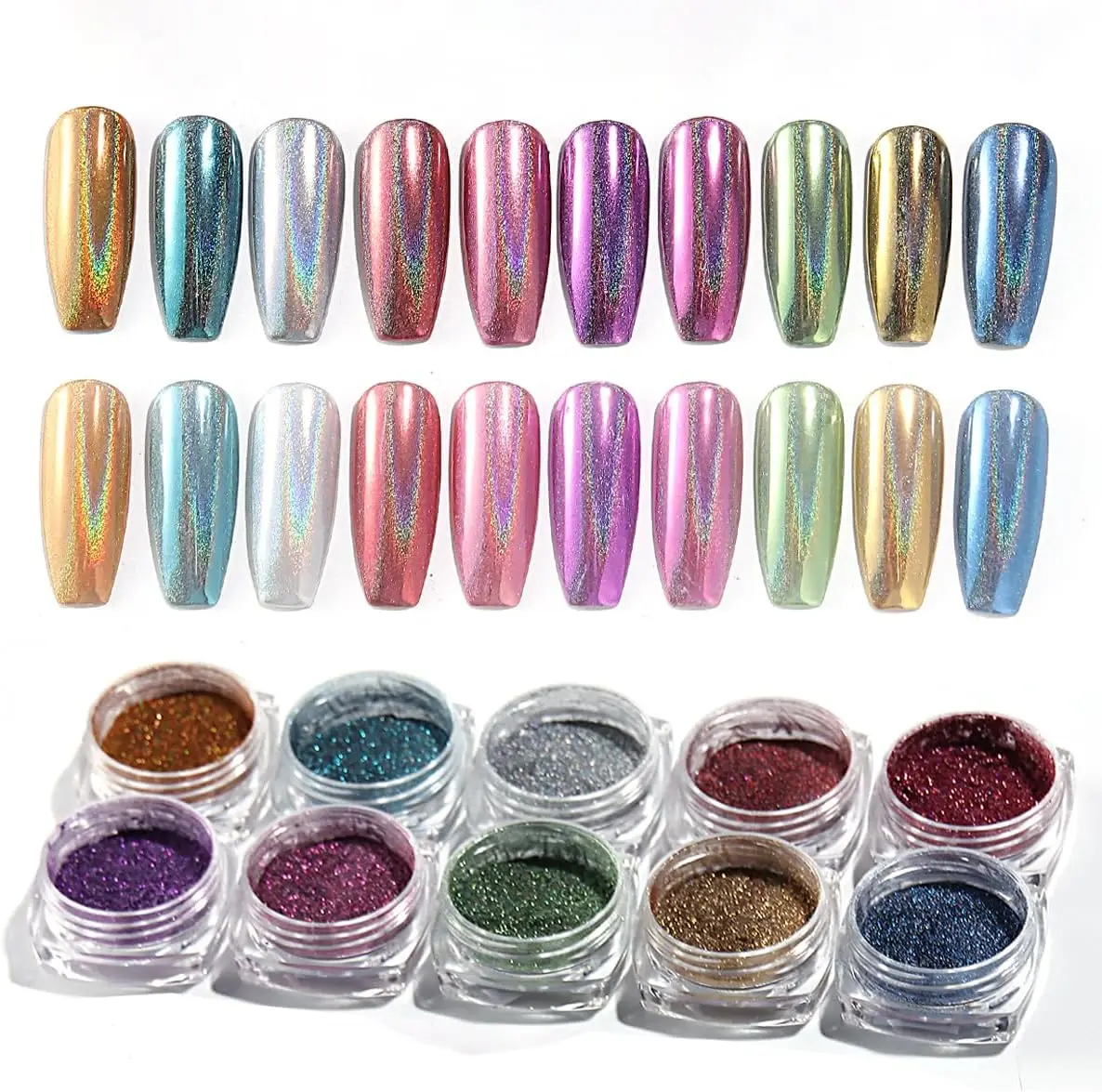 10 Colors Holographic Nail Powder Iridescent Metallic Mirror Laser Effect Magnetic Chrome Powder Wholesale For Nail Art