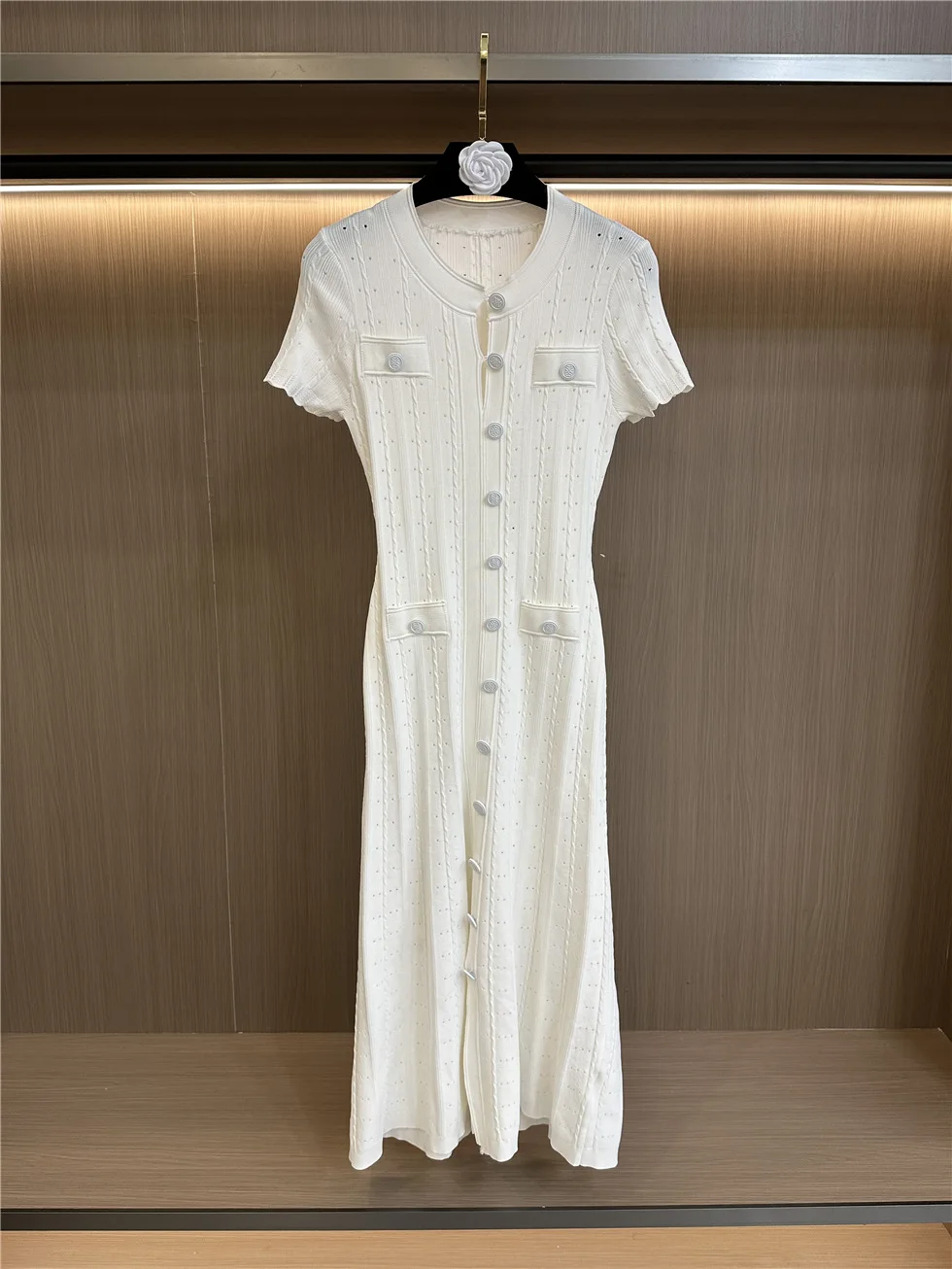 GX-Newest Autumn Fall Women Knit Short Sleeve Single-breasted O-neckline Ladies Fitted and Flared Fashion Long Solid Dresses