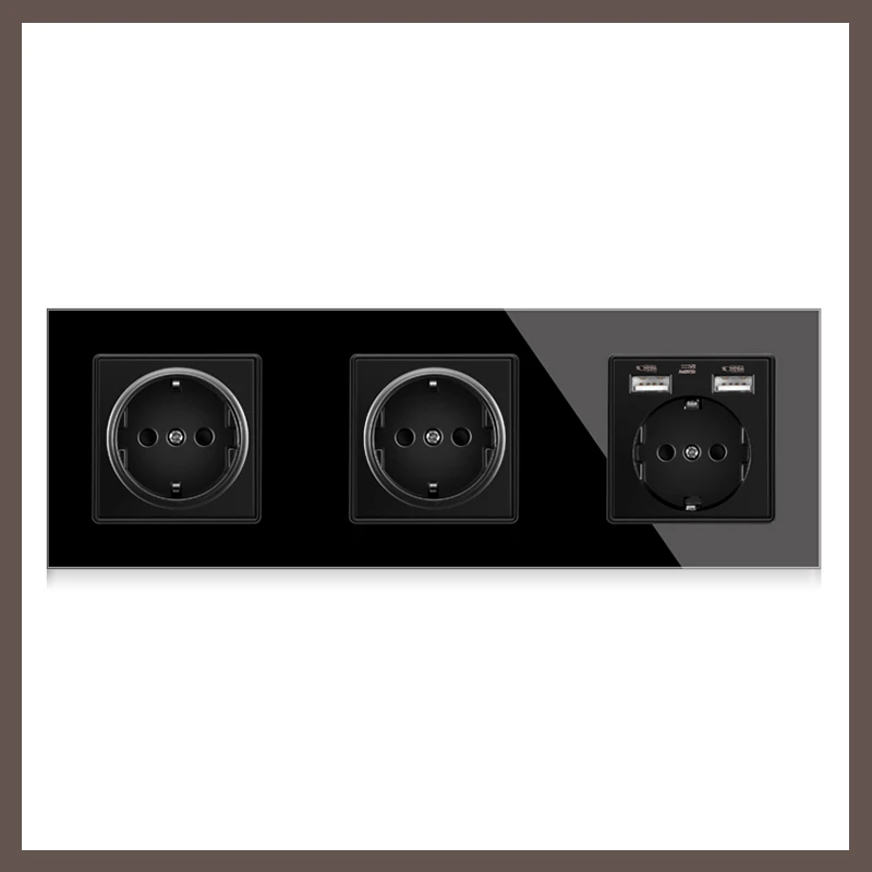 German black crystal tempered glass double triple 16A wall socket, three four five connected electrical socket, USB eu socket