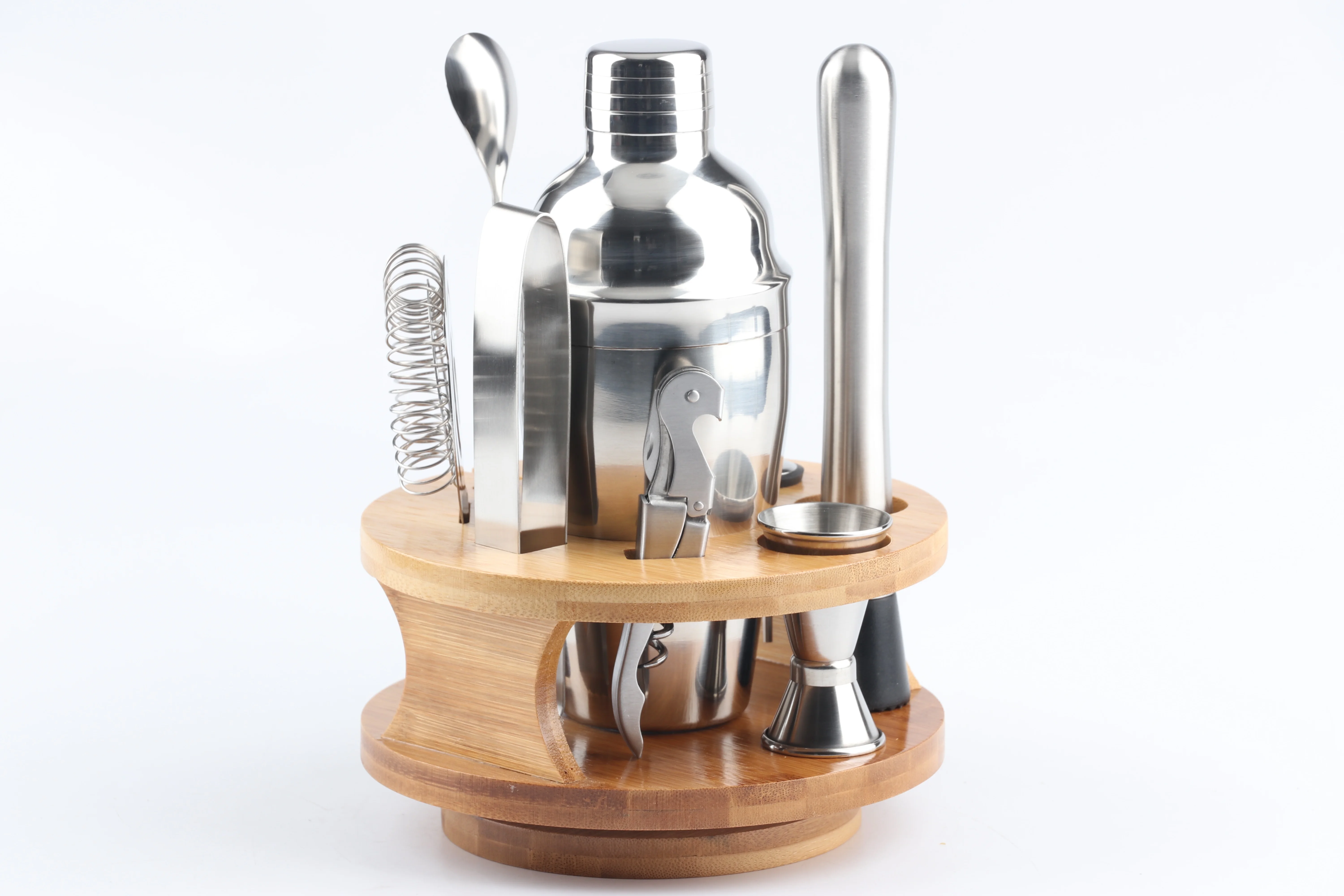 New Product Stainless Steel Cocktail Shaker Set Cocktail Bar Set with  Rotating Wood Stand