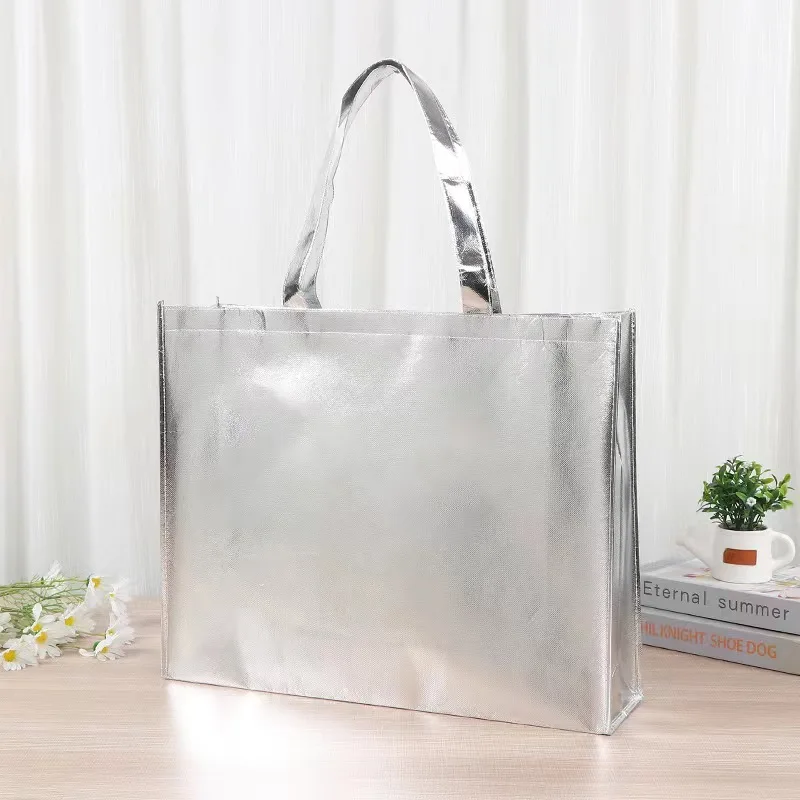 Hot sale gift pink Gold Silver sturdy laser holographic non woven clothing store shopping tote bag