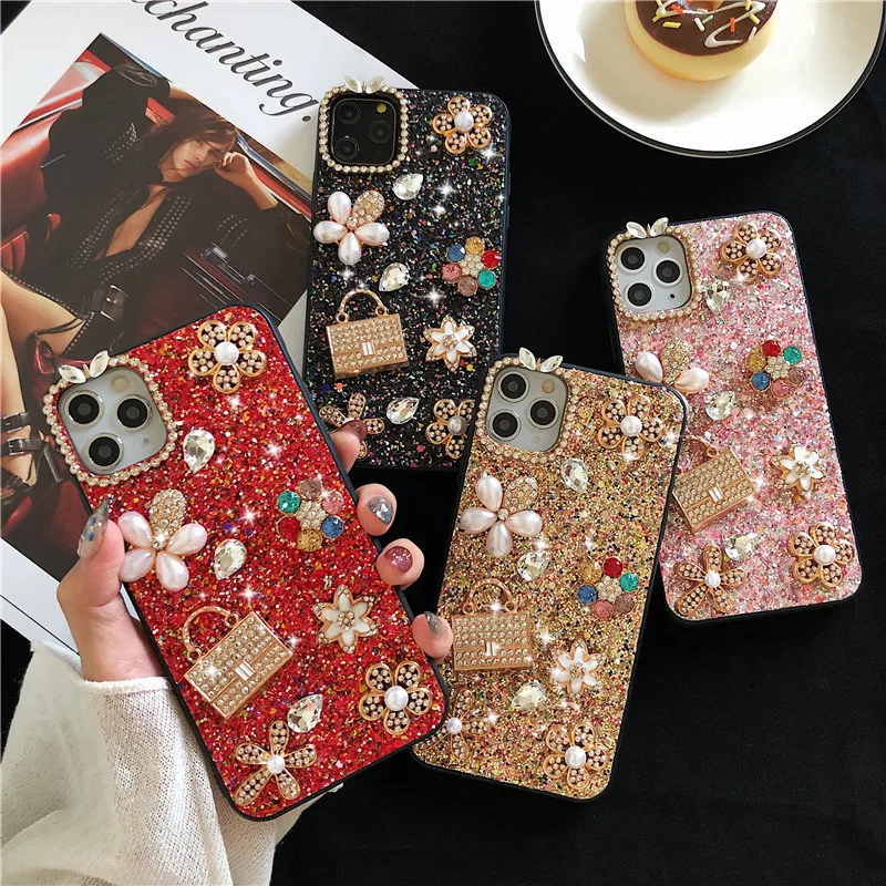 Luxury Women Bag Bling Glitter Sunflower Pearl Diamond Phone Cases For iphone 14 13 Pro Xs Max 12 11 XR 7 8 Plus Soft TPU Cover