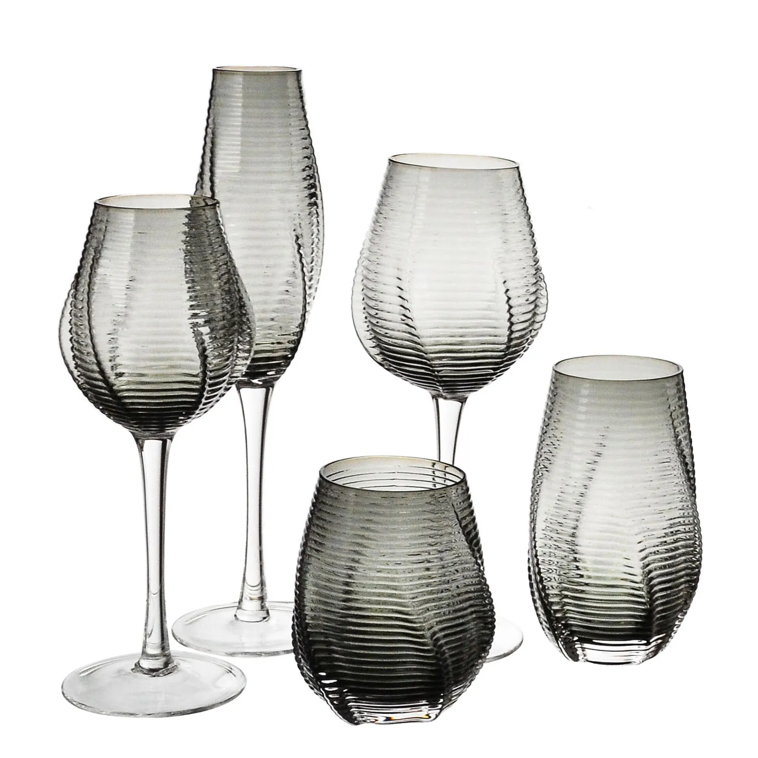 SAMYO custom hand made engraver Geometric Striped Ribbed grey colored white wine goblet glass red wine glasses set
