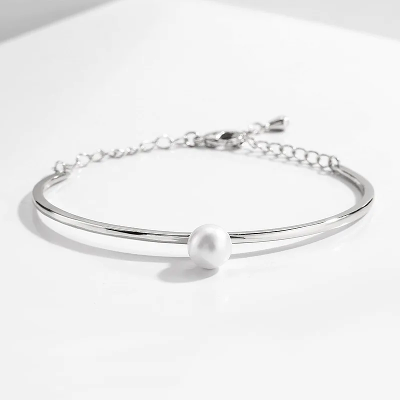 Korean Simple Style Gold Plated White Pearl Cuff Bangle For Women Girls Adjustable Pearl Open Bangle Bracelet