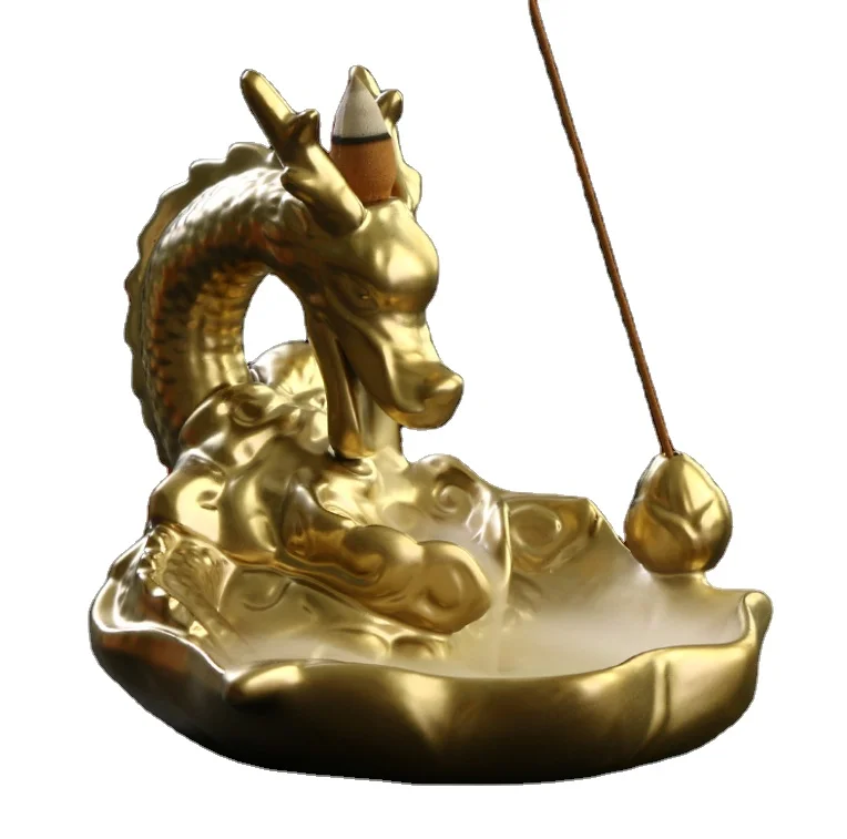 2021 custom chinese gold dragon incense holder porcelain smoke backflow incense stick burner