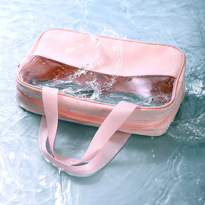 Women Carrying Toiletry Bag Custom Color Handle Transparent PVC Waterproof Shampoo Cosmetic Makeup Pouch Case Girls Storage Bag