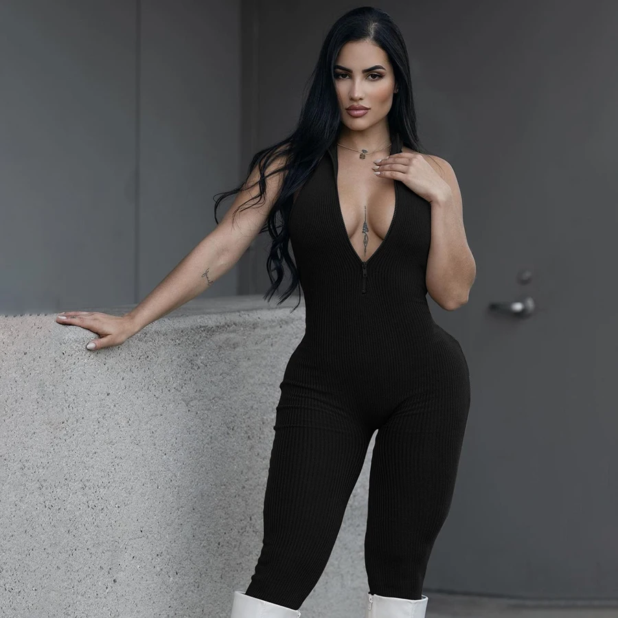 40867 Hot Sale Jumpsuit Workout Sleeveless V-Part Solid Color Backless Jumpsuits Women