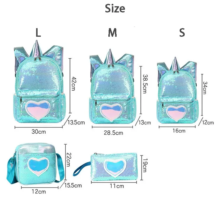unicorn sequin backpack three piece school bag