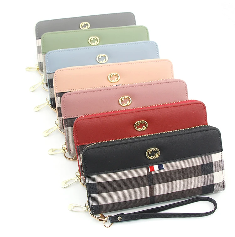 JF2036 Стильный женский кошелек ручной работы из кожи в клетку с ремешком на запястье