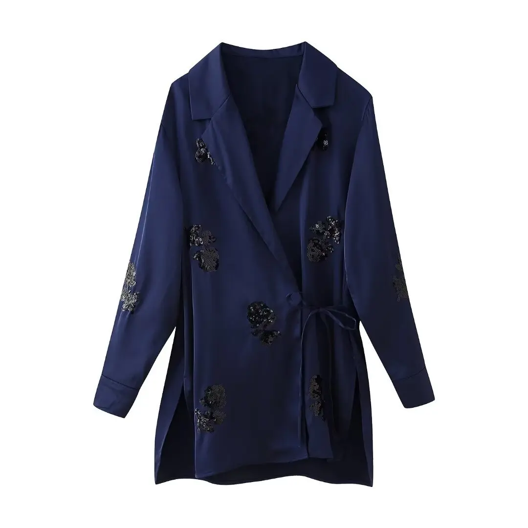 Fashion Satin Outfits Sequin Long Sleeve Coat And Pant 2 Piece Set For Women