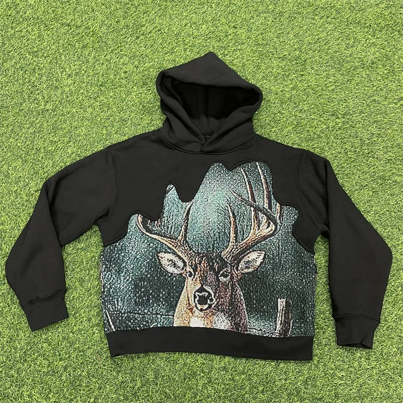 Manufacturer Quick Customization Tapestry Patchwork Hooded Crewneck Blocked Split Oversized  Clothing Tapestry Hoodie Men