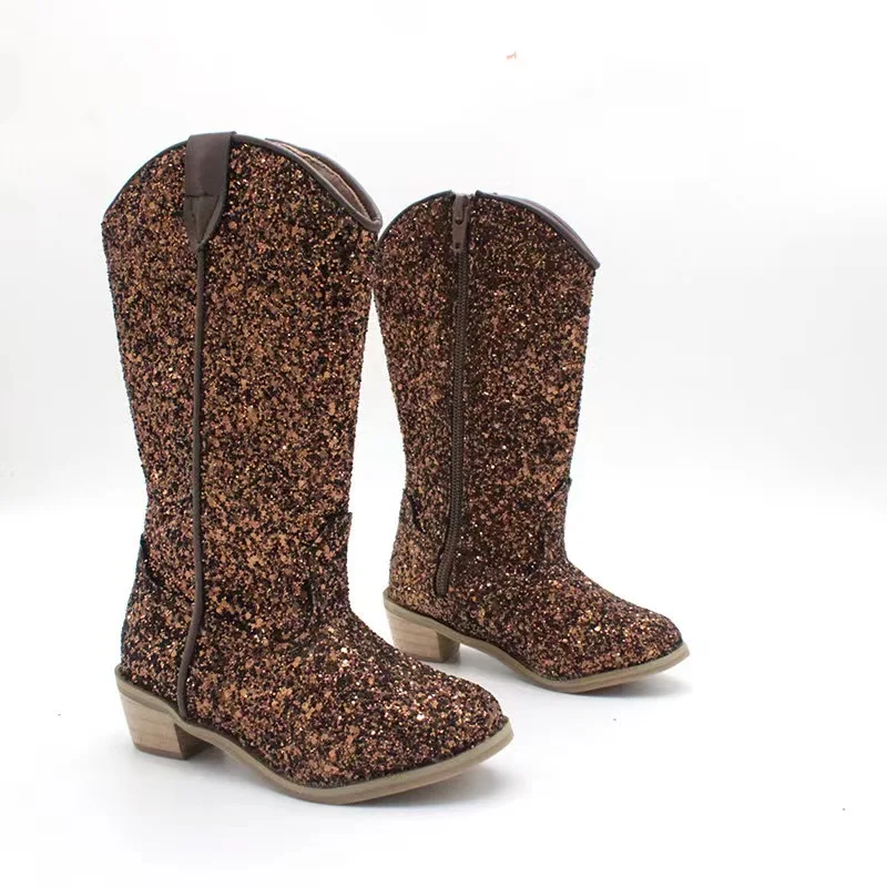2022 Wholesale Luxury Design Genuine Leather Glitter Snow Boots Baby Boys Girls Kids Cowboy Boots
