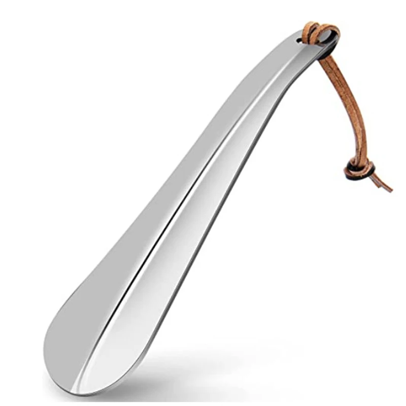 High Quality Leather Rope Long Handle Stainless Steel Metal Shoehorn For Old Pregnant woman