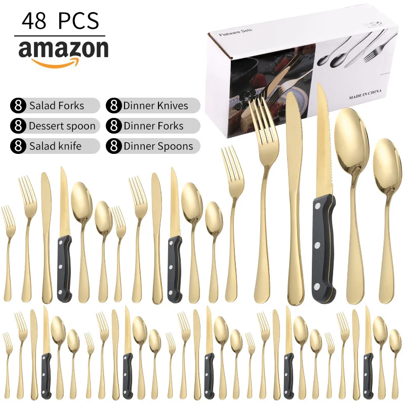 48PCS 8-Person Suit Bulk Luxury Gold Hotel Silverware Flatware Sets 1010 Stainless Steel Cutlery Set