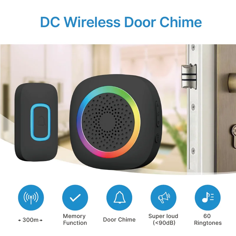 Wireless Doorbell with 60 Ringtone Chime RGB LED 300M Range Waterproof Outdoor Door Bell Cordless Timbre Call Battery Doorbell