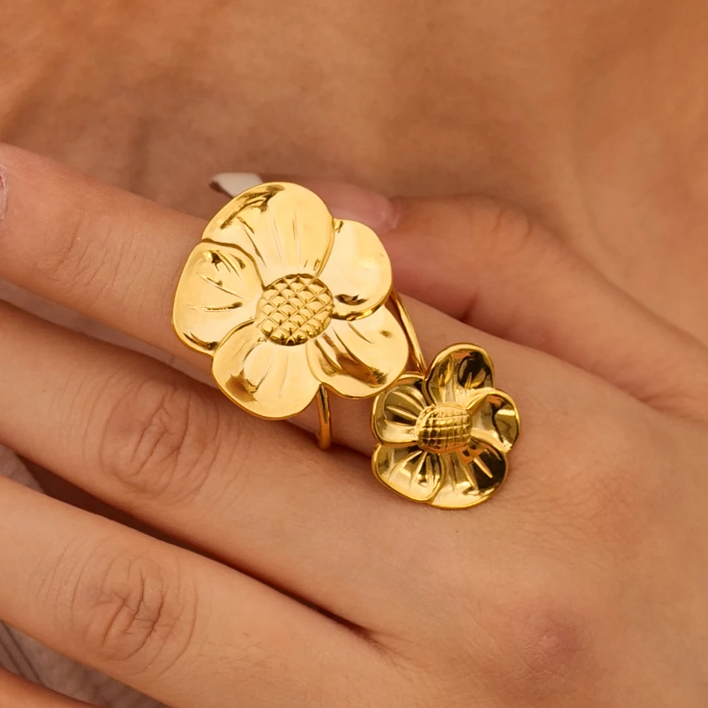 Ins Style Summer 18K Gold Plated Big Sunflower Finger Ring Stainless Steel Double Layer Rings for Women