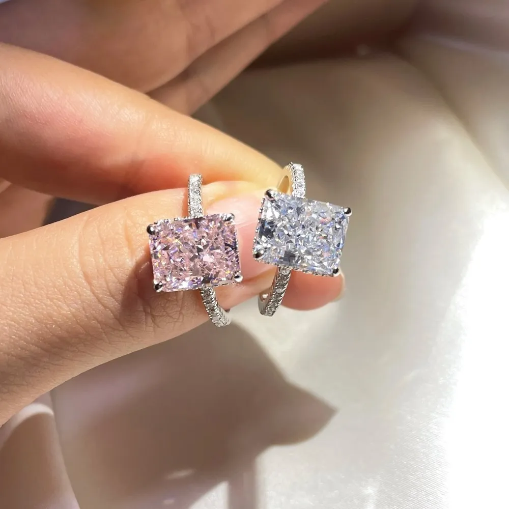 High Quality High 8A carbon diamond ice cut 8X10 Pink Blue Topaz CZ Rhodium Engagement Silver Rings Women 925 Sterling Silver