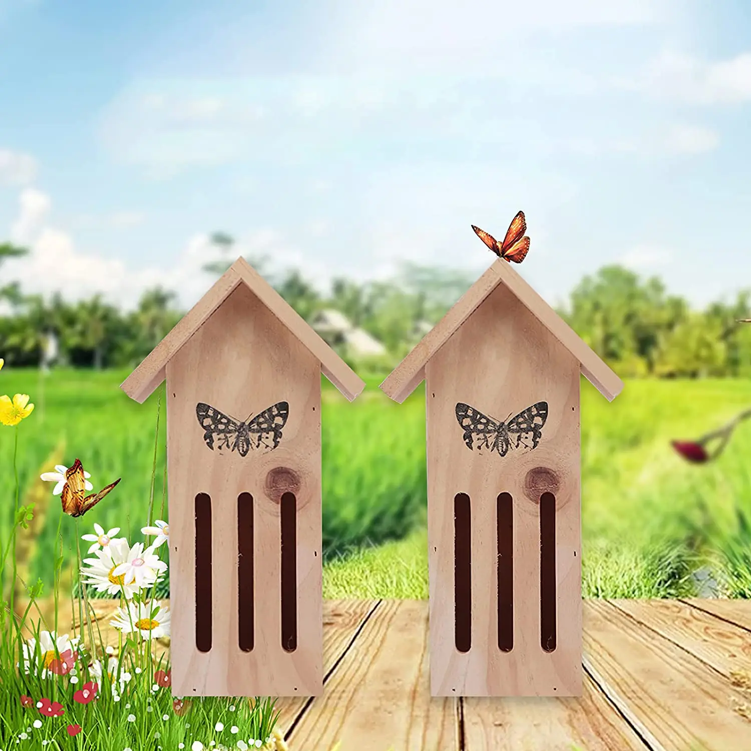 Natural Hanging wooden bee house bug ladybird insect cages beehive butterfly decorations