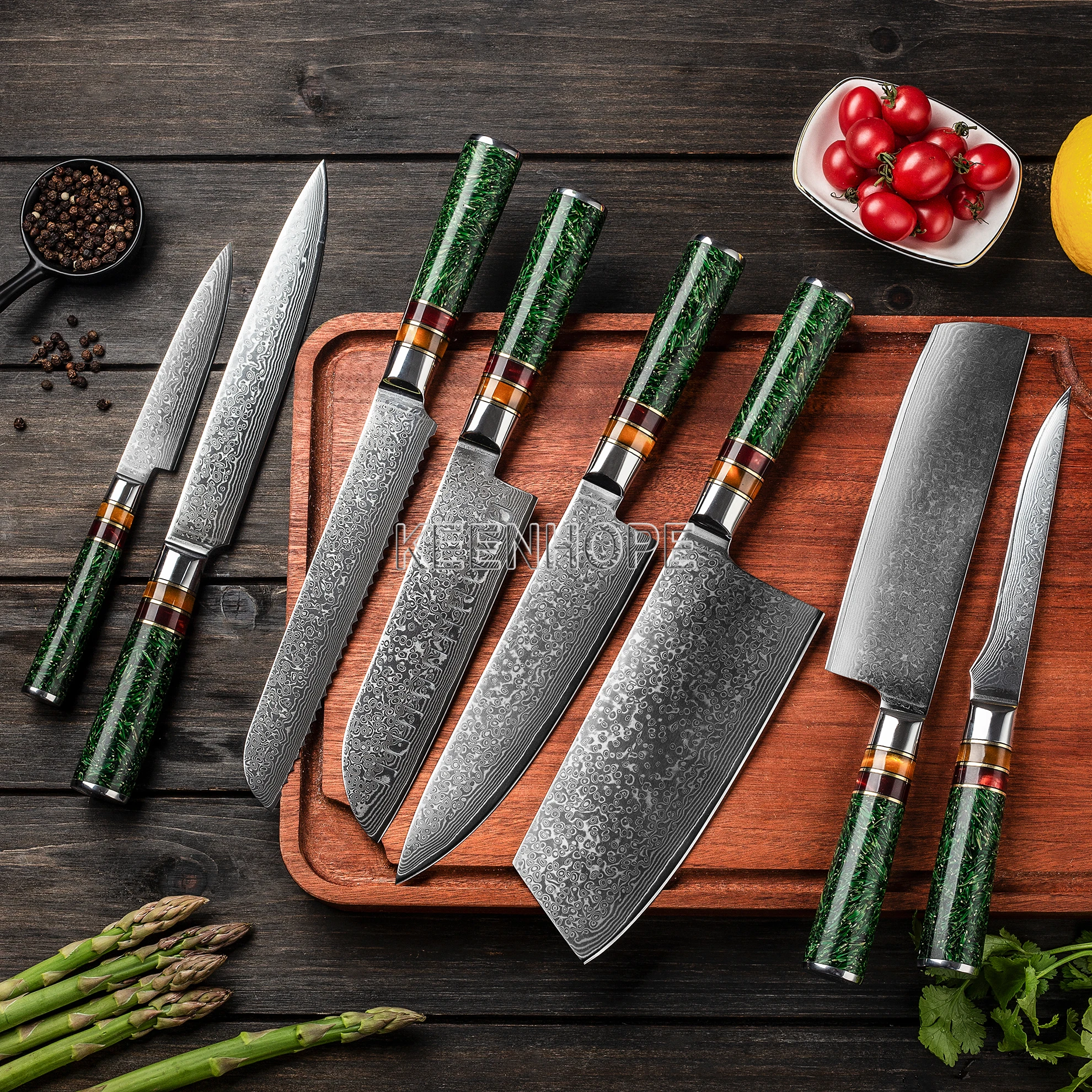 8-Pcs Kitchen Knife Set 67-Layers Damascus VG10 Composited Resin Chaff Acrylic Handle Cutting Stainless Steel Boning Material