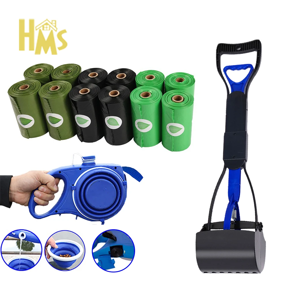 HMSportable led flashlight retractable dog leash poop bag dispenser hook kucing leashes plastic packaging with poop bag bags