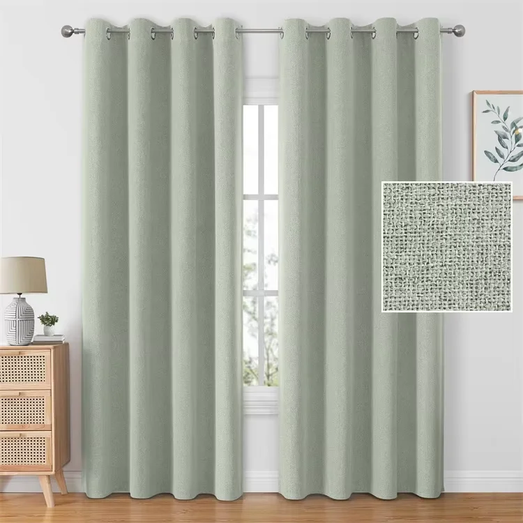 3 Layer Faux Linen Curtain Thermal Insulated Window Drapes 100% Blackout Curtains for Living Room Bedroom