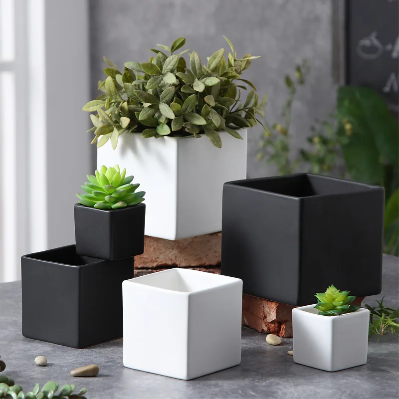 Wholesale White Black Cube Square Ceramic Planter Succulent Flower Pots