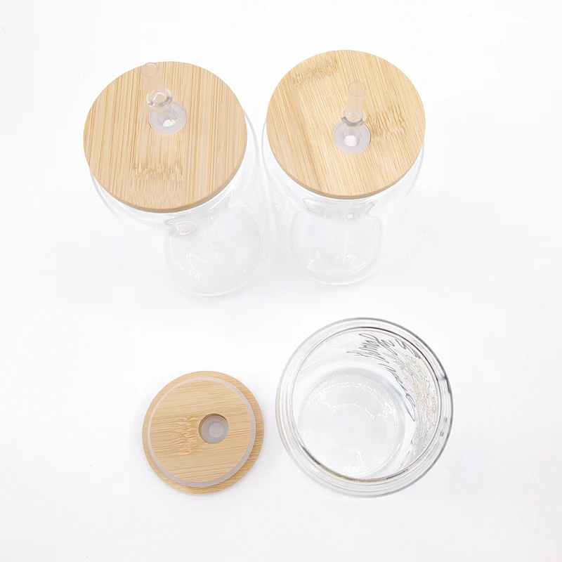 US warehouse sublimation glass can 12oz 16oz  juice iced coffee soda shaped coke beer glass can with bamboo lid