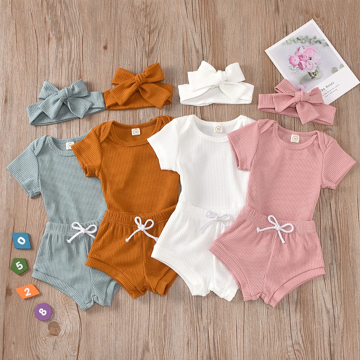 
2021 Infants Summer Cute Solid Baby Girl Clothing Short Sleeve Romper+Pants +Hairband 3Pcs Princess new born baby clothes set 