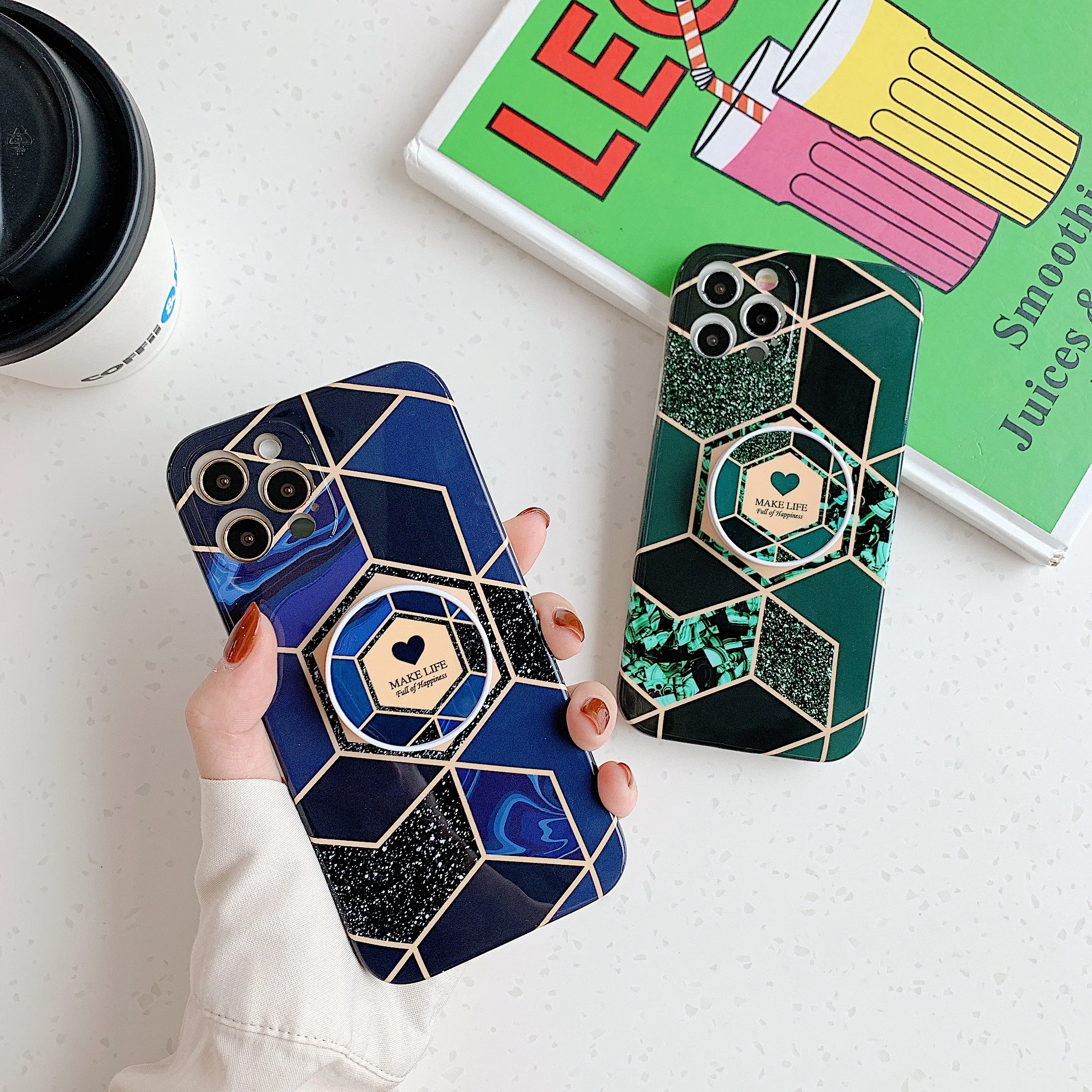 Marble Case patterns Bracket Electroplating Soft IMD Mobile Phone Cases for iPhone 13 12 mini 11 pro max XS XR 7 8 Plus