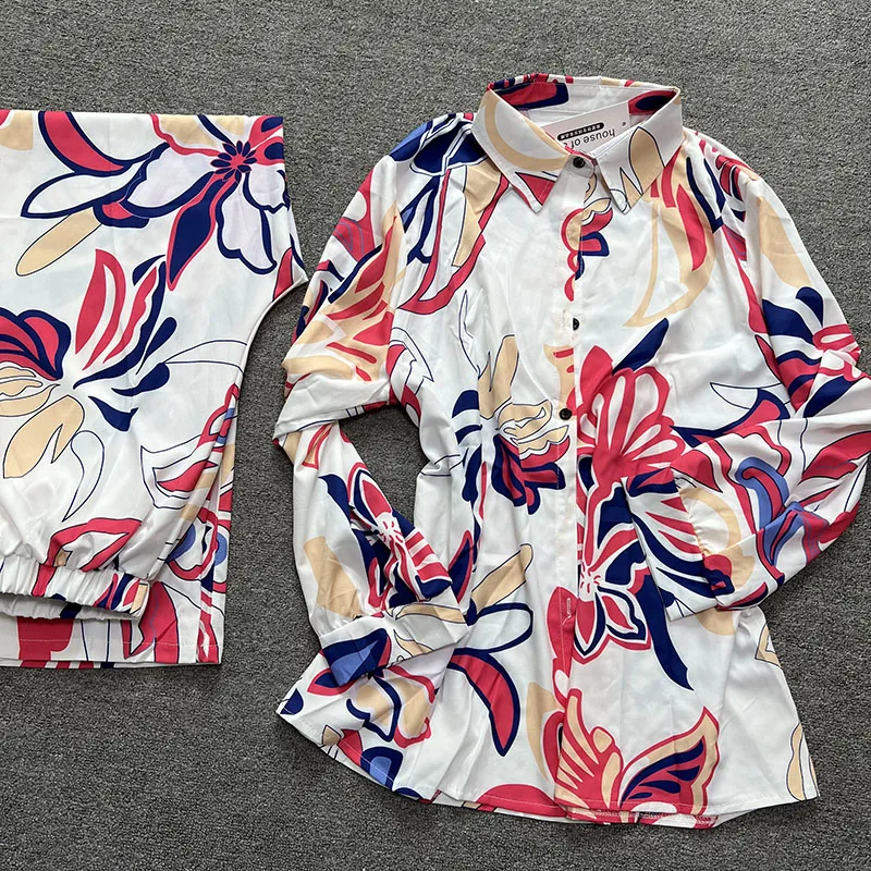 Fashion New Print Elegant Women Suit Casual O Neck Long Sleeve Blouse And Elastic Waist Pants 2 PCS Sets Chic 2022 Street Wear