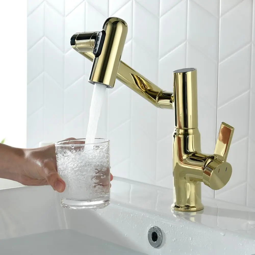 Tiktok Popular Luxury Modern Brass Gold Single Level Hot Cold Water Mixer Basin Faucet For Bathroom