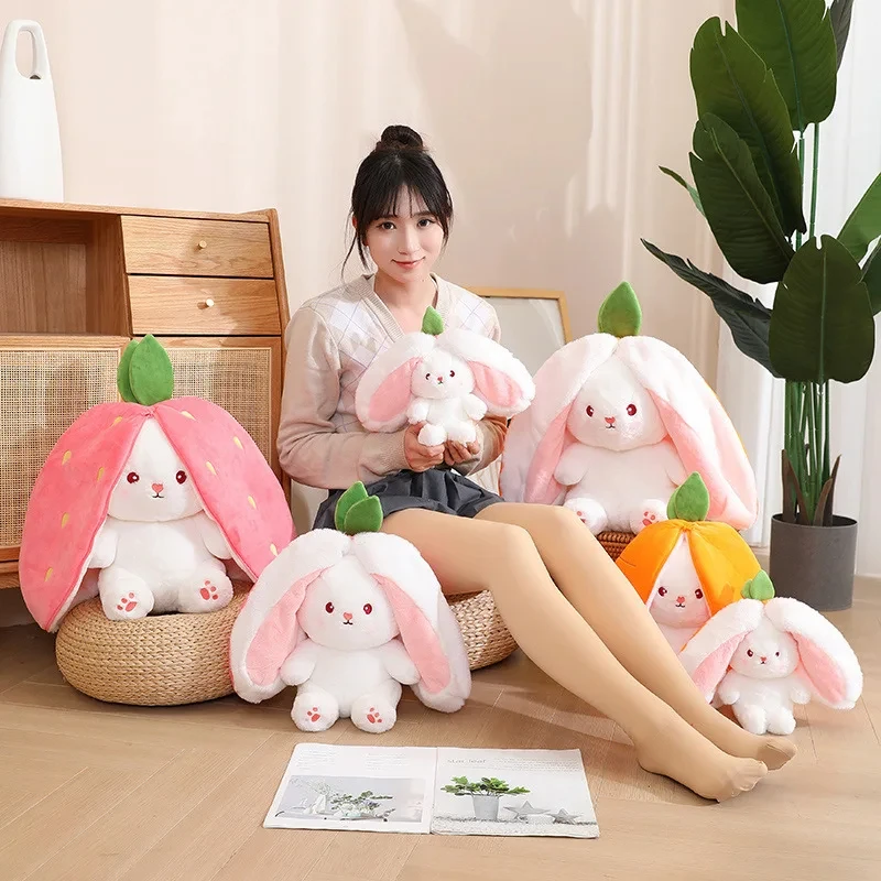 Funny Kawaii Fruit Bunny Plush rabbit Toy Cute Carrot Strawberry Turn Into Rabbit Plush Toy Kids Birthday Christmas Gift