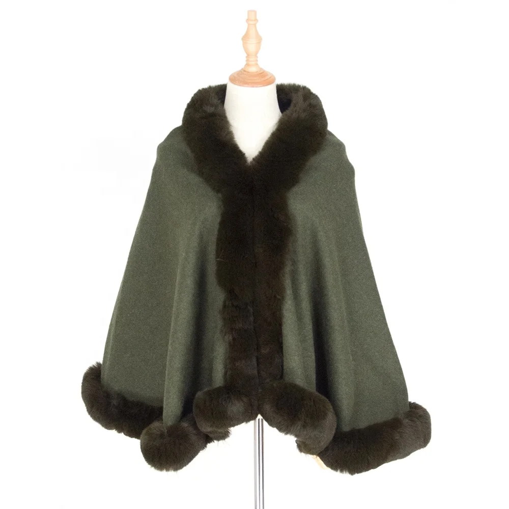 
Wholesale Army Green Women Winter Cape Poncho Blending Pashmina Fur Stole Shawl Scarf With Fur Trim 
