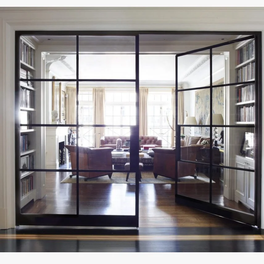 China Manufacturer Swing Open Exterior Black Metal French Steel Doors Panel With Hardware Kit