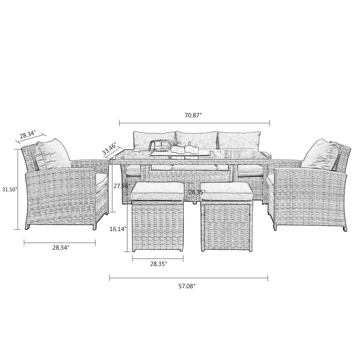 Patio 6 piece low dining conversation sectional set, wicker rattan outdoor garden furniture corner sofa set with cushion.