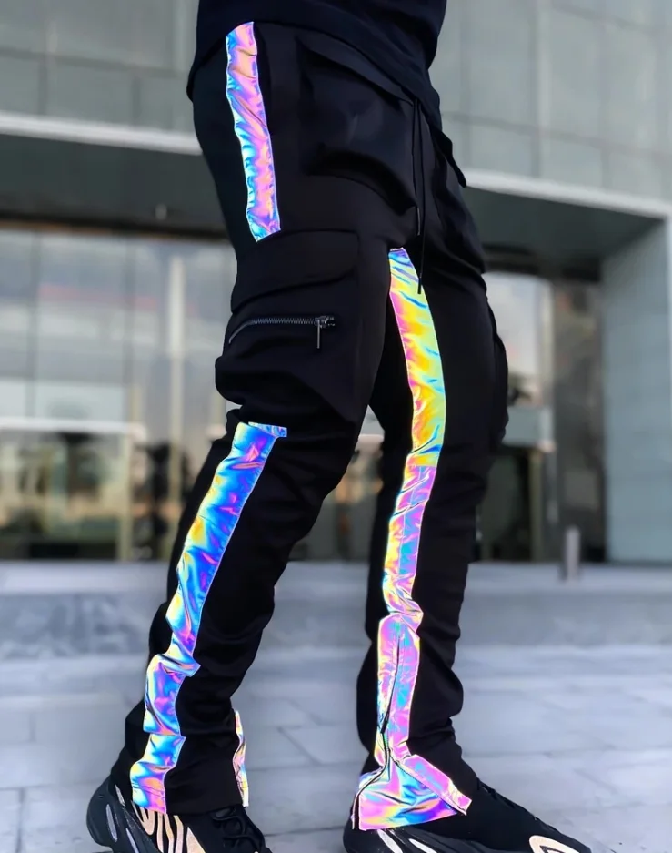 Мужские Светоотражающие тренировочные штаны для ночного бега, модные спортивные штаны с карманами, тонкие однотонные тренировочные штаны для бега