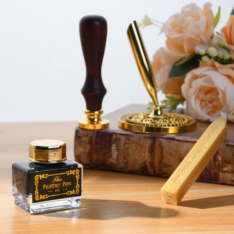 Hot Sale Retro Antique Copper Feather Pen With Ink Notebook and Steel Tips Calligraphy Quill Wax Pen Gift Set for Drawing