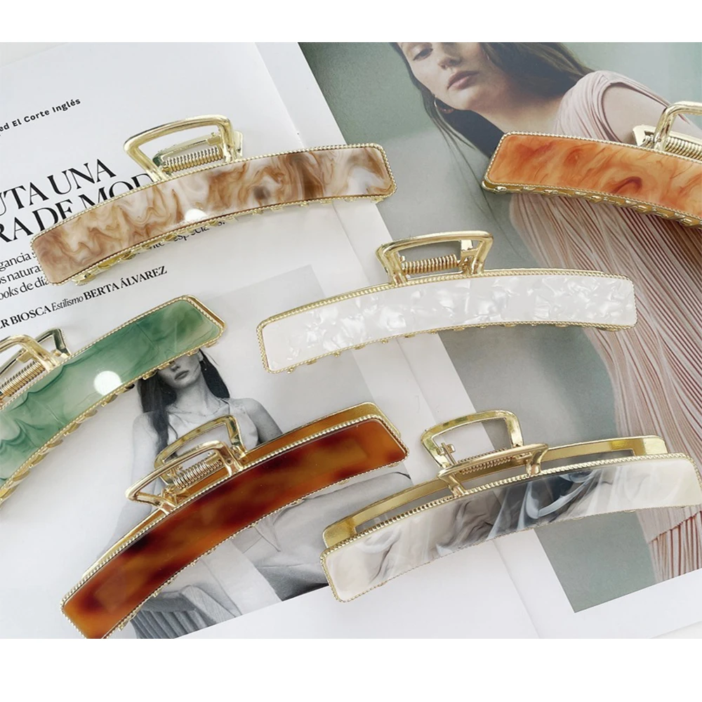 Ins Fashion Color Marble Acetic Acid Triangle Shape Hair Claw French Style Gold Plated Wood Grain Acetate Hair Claws For Women