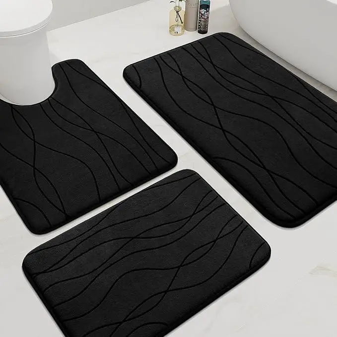 Factory Sale Thick Cushioned Coral Velvet Bath Mat 3 Pieces Super Absorbent Memory Foam Bathroom Rug Set